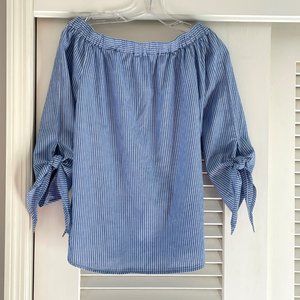 beachlunchlounge  Paige Blue Stripe Tie Bell Sleeve Off The Shoulder Top S